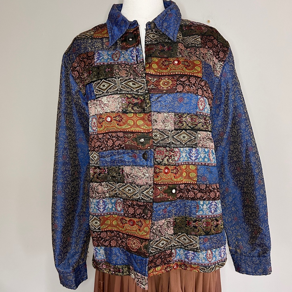 VINTAGE Y2K Boho Brocade Patchwork Silk Tapestry Jacket Whimsigoth Art Wear Sz L - Picture 3 of 15